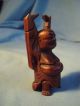 Small Vintage Antique Carved Reddish Wooden Buddha Arms Up Big Belly Oriental Buddha photo 3