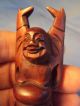 Small Vintage Antique Carved Reddish Wooden Buddha Arms Up Big Belly Oriental Buddha photo 5