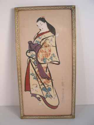 Barefoot Kimono Lady Painted On Silk,  Preserved Estate Piece Now Unframed photo
