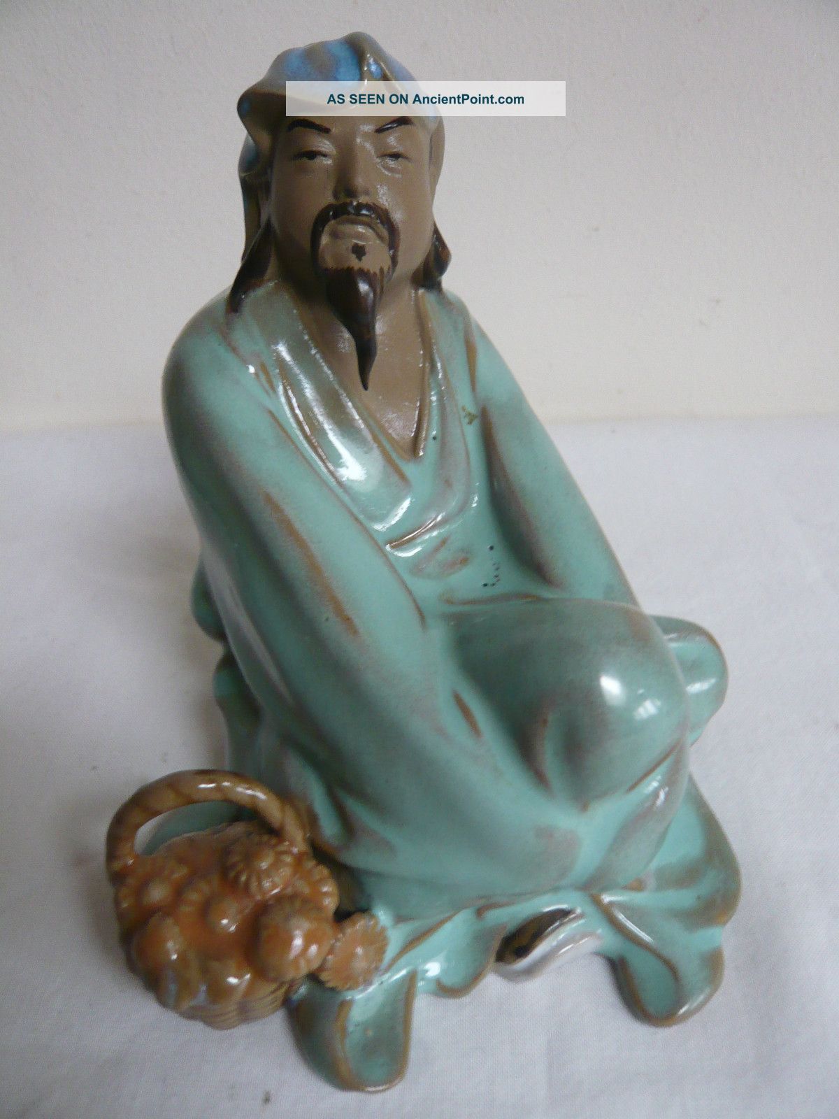 Vintage Chinese Mudman Figurine.  Man With Flower Basket.  014 China Mark.  Glazed Ornaments photo