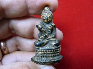 Phra Chaiwat Buddha Holding Lotus Chin Silver And Gilded Khmer Art Amulet photo