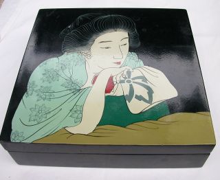 Vintage Japanese Lacquer Box Painted Geisha photo