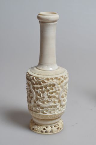 Fine Chinese Carved Bone Miniature Vase Or Snuff Bottle 7”h W Dragons Early 20c photo
