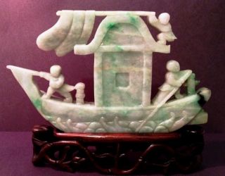 Antique Chinese Natural Jadeite Jade Boat With Stand photo