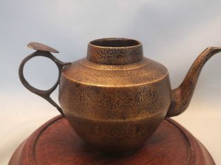 Chinese Bronze Small Tea Pot Or Water Can With Intricate Etched Decor 19thc photo