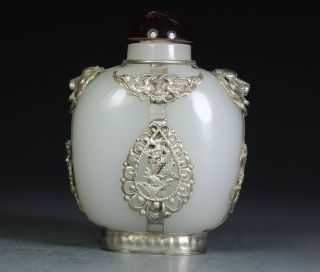 Chinese Old Jade Handwork Armored Dragon Phoenix Snuff Bottle photo