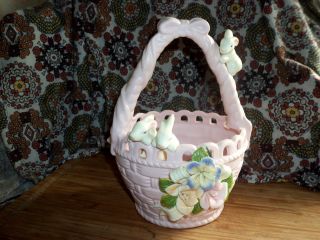 Vintage Made In China Pink Easter Basket With Bunnies 8 Inch Tall / Porcelain photo