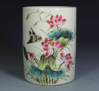 Chinese Old Porcelain Handwork Painting Flower Bird Brush Pot photo