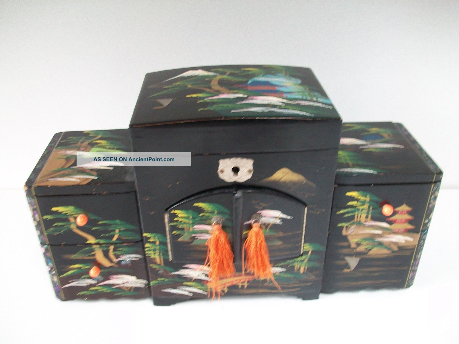 Vintage Old Antique Mount Fuji Oriental Black Laquered Musical Jewellery Box Boxes photo