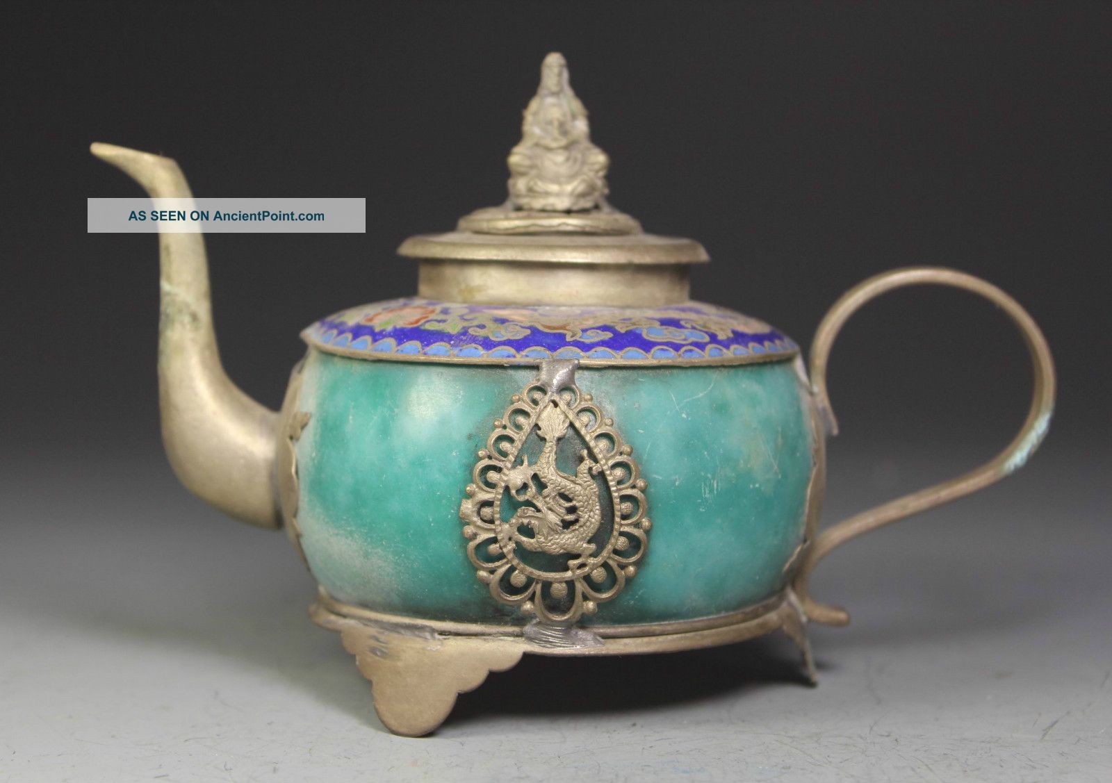 Chinese Old Jade Handwork Dragon Cloisonne Tea Pot Kwan - Yin Lid Jade/ Hardstone photo