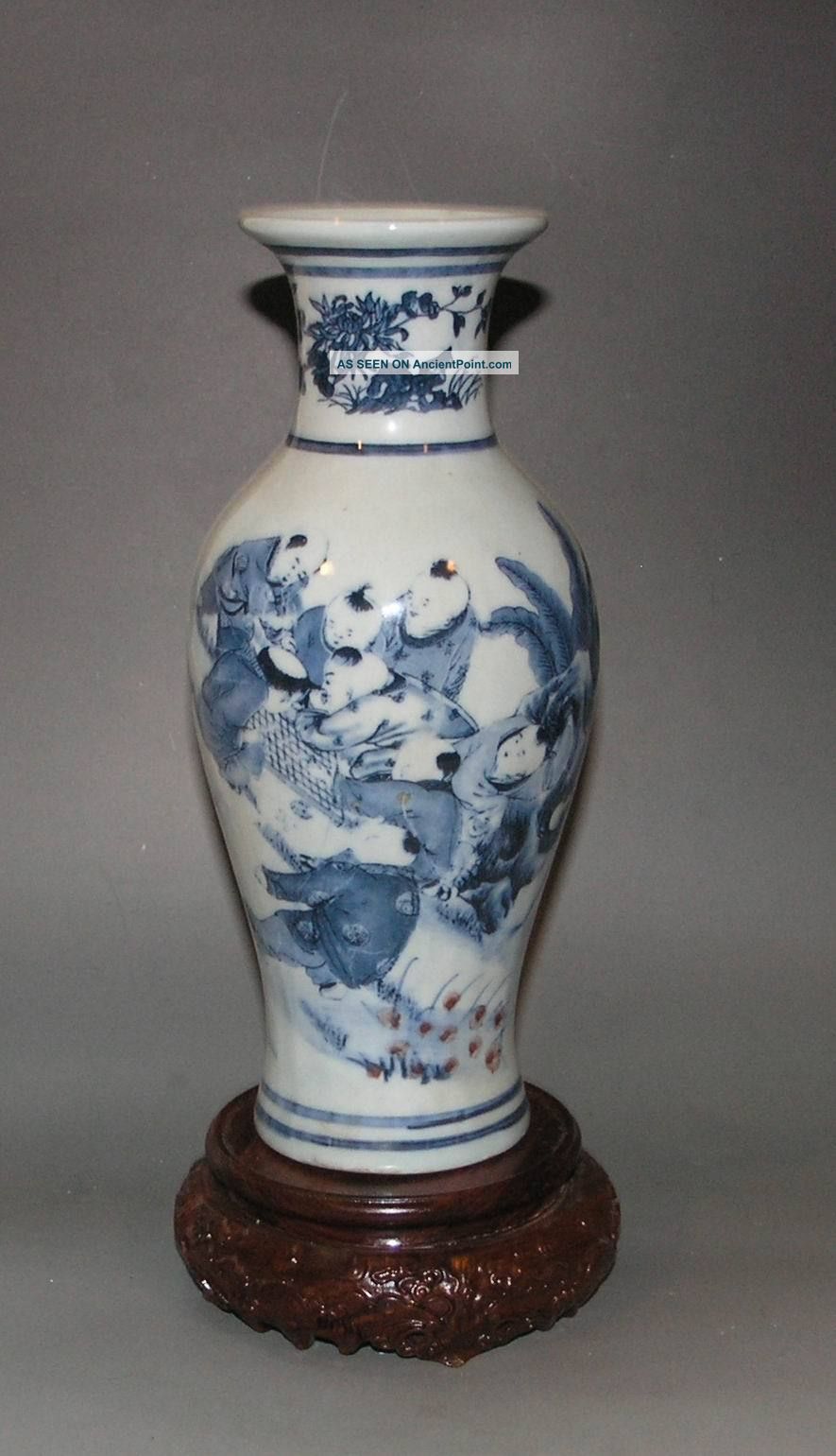 Antique China “大清乾隆年制“ Blue And White Porcelain Children Play Vase Vases photo