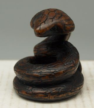 Hand Carved Wooden Netsuke - Oriental - Cobra Snake - Signed photo