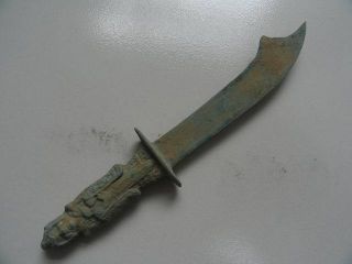 Chinese Weapon Bronze Sword Spearhead Carven Man Handle 01 photo