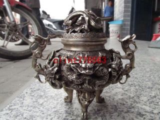 Chinese Silver Stand Classic Dragon Incense Burner Statues photo