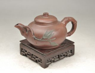 Antique 19th Century Chinese Yixing Teapot Carved Bamboo photo