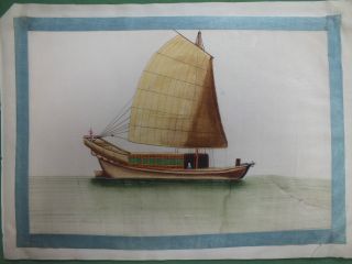 Chinese Study On Rice/pith Paper Of A Wooden Junk With Green Decor 19thc (k photo