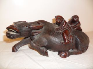 Antique Chinese Carved Wood - Oxen With Father & Son photo