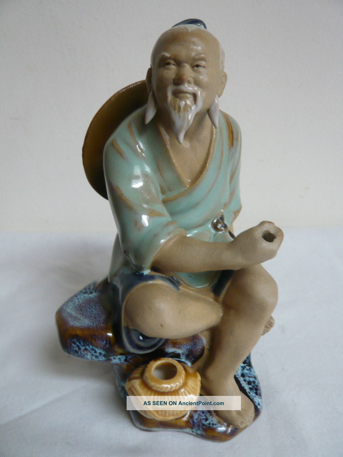 Vintage Chinese Mudman Figurine.  Man With Hat.  Made In China Mark.  Glazed Ornaments photo
