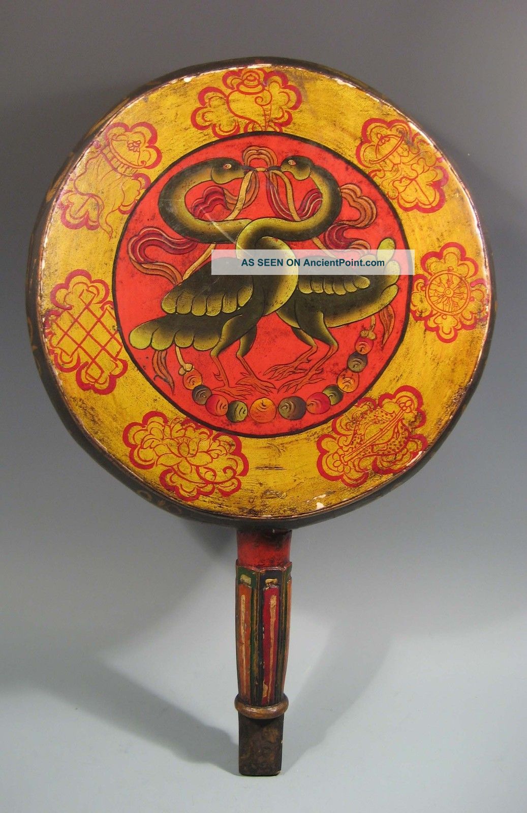 Nepal Nepalese Leather Polychrome Drum W/ Avian Decoration & Calligraphy 20th C. Other photo