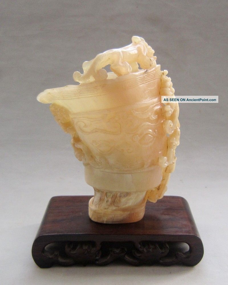 Chinese 100% Ox Horn Carved Chi Dragon Beast Face Angle Cup Other photo