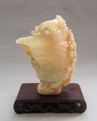 Chinese 100% Ox Horn Carved Chi Dragon Beast Face Angle Cup photo