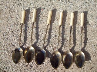 Old Antique Vintage Chinese Tea Spoon Bamboo Design Marked Sf 90 Carved Set Of 6 photo