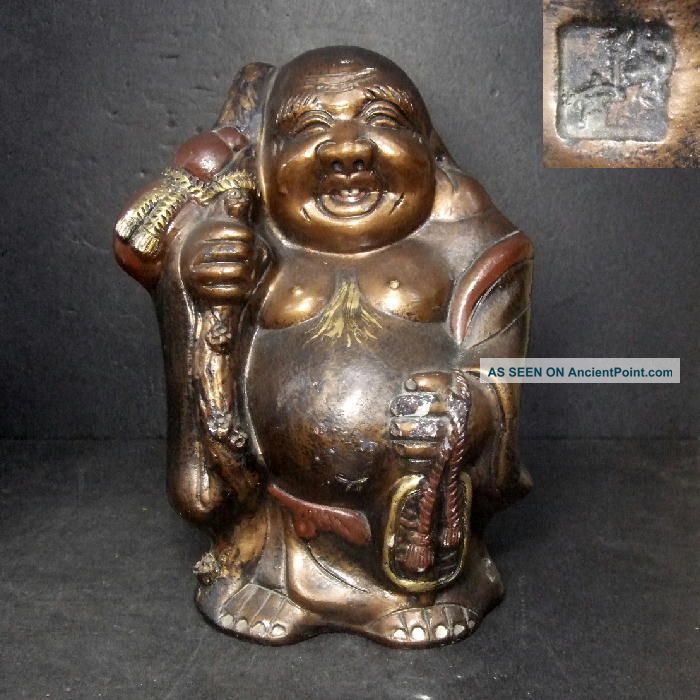 F848: Japanese Old Pottery Ware Fortunate Symbol Big Budai Hotei Statue Statues photo