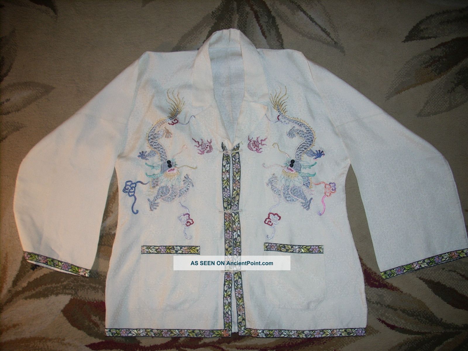 Old Chinese Silk Jacket W/silk Embroidered Dragons & Pearls Robes & Textiles photo