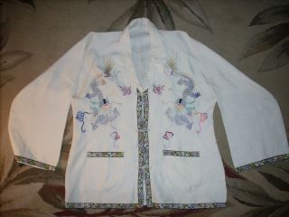 Old Chinese Silk Jacket W/silk Embroidered Dragons & Pearls photo