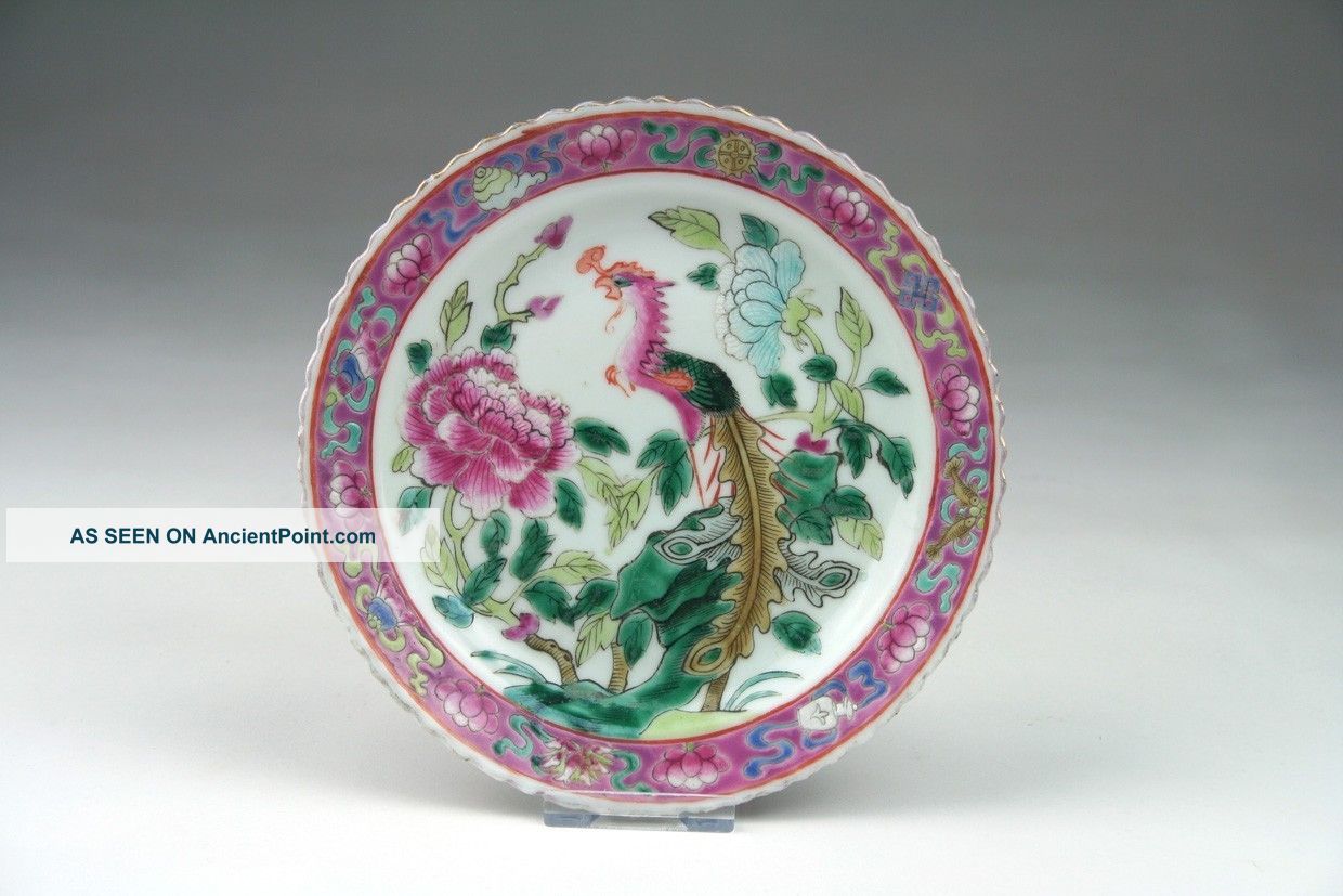 19thc Chinese Qing Famille Rose Straits Nonya Phoenix Porcelain Dish Plates photo