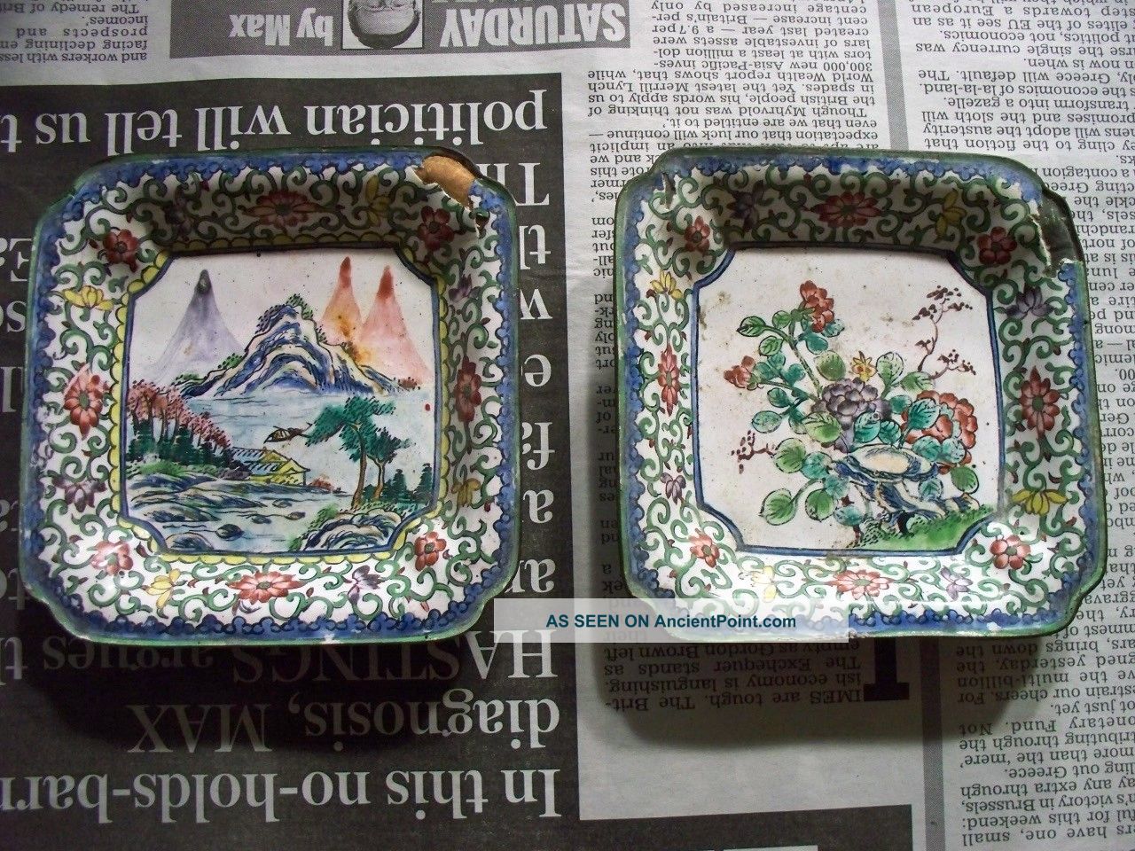§ Antique Asian Hand Painted Enamel Square Trinket Decorative Vanity Dish Tray § Other photo