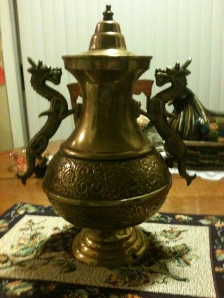 Antique? Interesting Large Brass Incense Burner,  Dragons.  2 Pieces photo