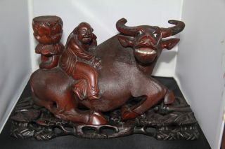 Large Antique Chinese Figure Of A Water Buffalo,  Carved From Wood Ornate Stand photo