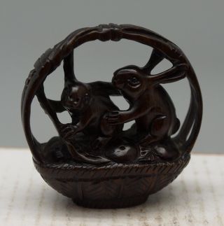 Hand Carved Japanese Wooden Netsuke - Rabbits In A Basket - Signed - Oriental photo