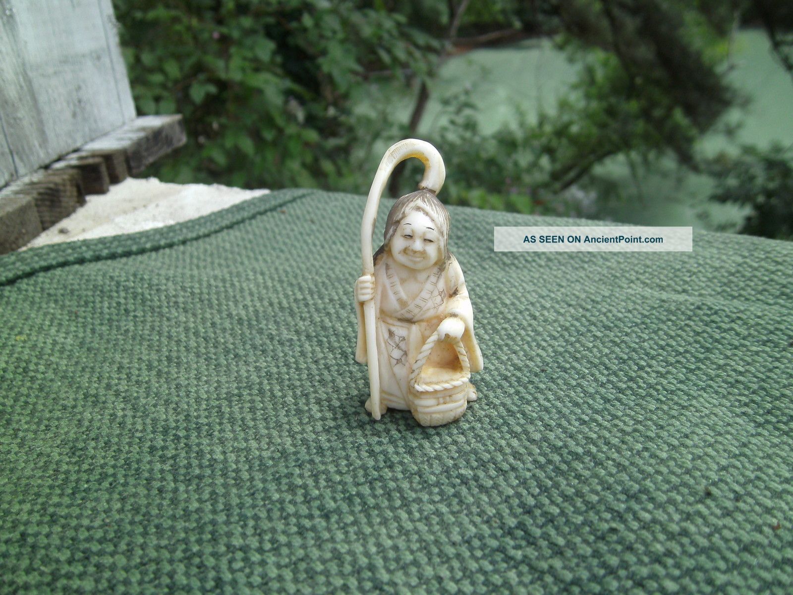 Antique Japanese Netsuke Woman W/ Walking Stick And Basket ' Faux ' Ivory Bone Netsuke photo