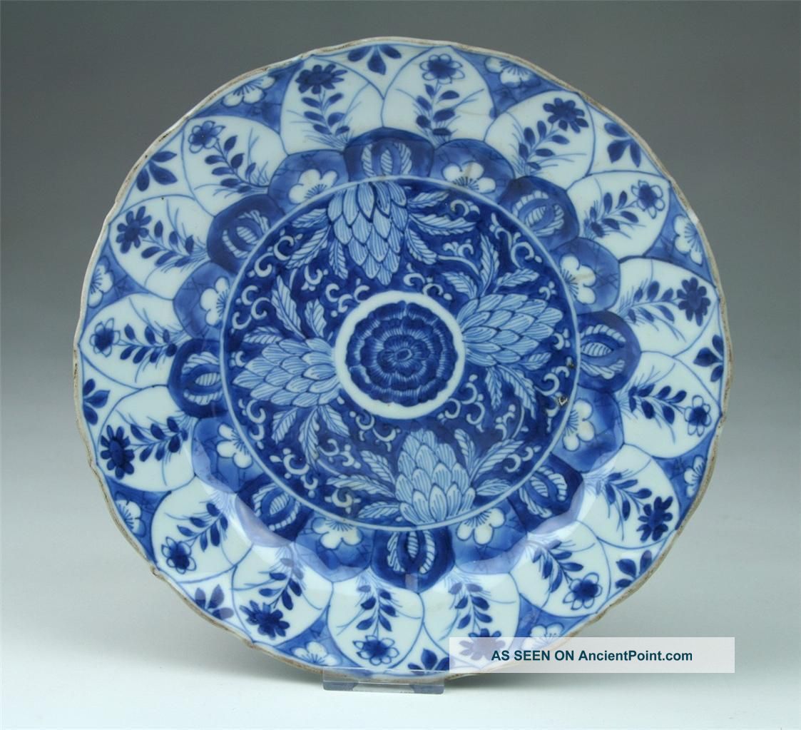 Intricate Antique 18thc Chinese Qing Kangxi Blue & White Porcelain Shaped Plate4 Plates photo