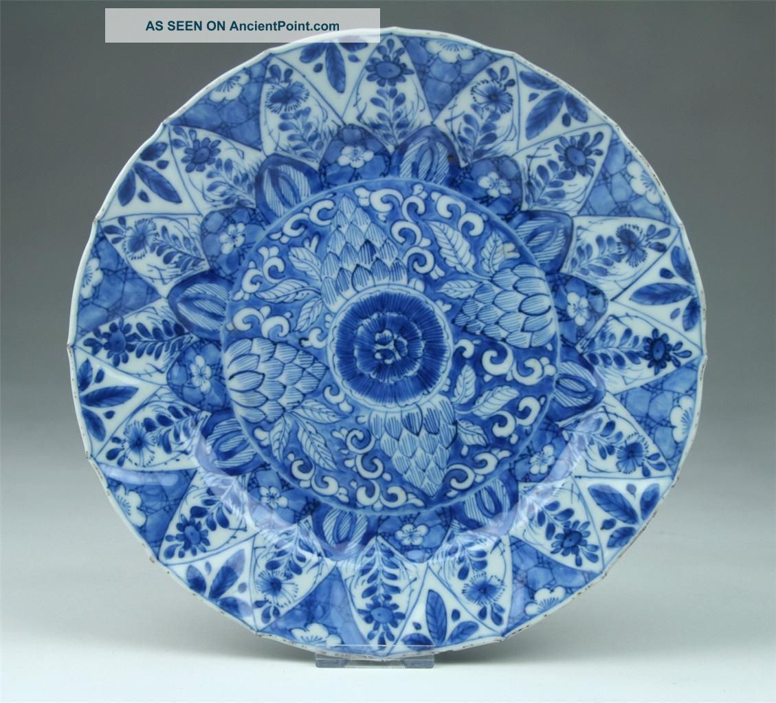 Intricate Antique 18thc Chinese Qing Kangxi Blue & White Porcelain Shaped Plate2 Plates photo