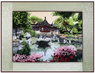 Asian Orienta Art Chinese Embroidery With Silk Border Gargen Landscape photo