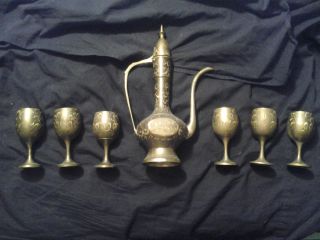 Vintage Etched Brass Pitcher Or Teapot With 6 Goblets Made In India Nr photo