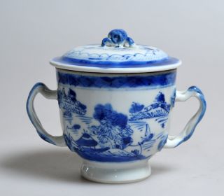 19th C Antique Chinese Blue & White Porcelain Chocolate Cup & Lid photo