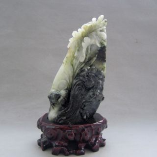 Fine Chinese Carved Dushan Jade Lotus Leaf Chicken Statue +stand photo