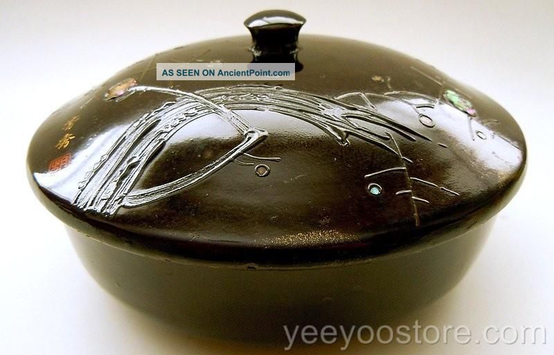 Signed Japanese Lacquer Mother - Pearl Shell Inlaid Lidded Bowl/box - Trinket Other photo