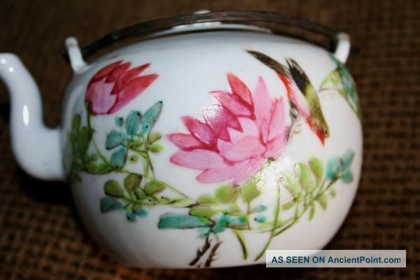 Antique Chinese Porcelain Flowers & Bird Teapot,  Teakettle With Lid & Clligraphy Teapots photo