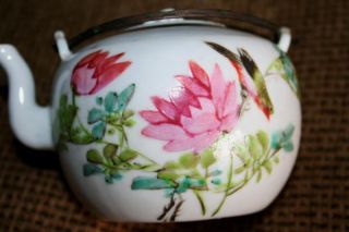 Antique Chinese Porcelain Flowers & Bird Teapot,  Teakettle With Lid & Clligraphy photo