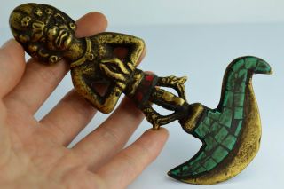 China Collectibles Old Handwork Coral & Turquoise Hammered Exorcism Statue + photo