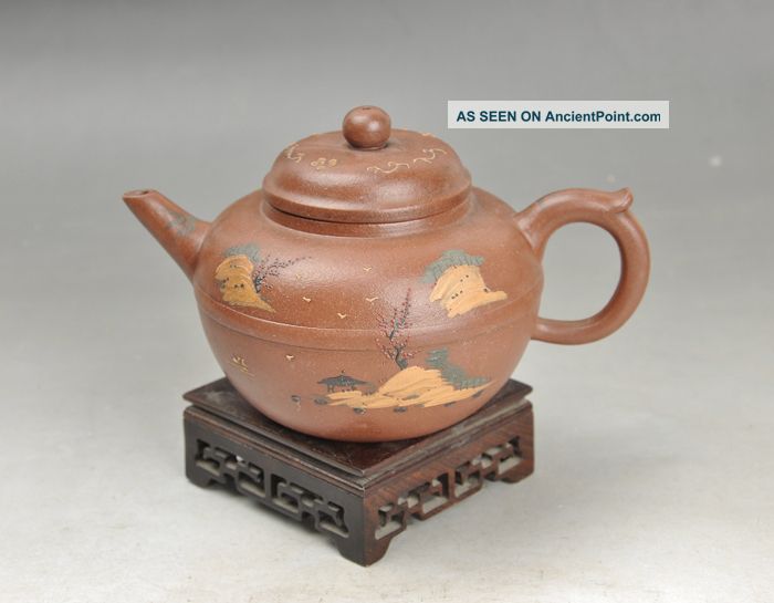 Antique 19th Century Chinese Yixing Teapot Painting Mountains And Trees Teapots photo