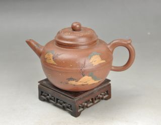 Antique 19th Century Chinese Yixing Teapot Painting Mountains And Trees photo