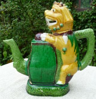 Antique Chinese 19thc Cadogan Sancai Glazed Teapot - Signed Foo Dog photo