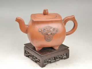Antique 19th Century Chinese Yixing Teapot Carved Bat And Ancient Coins photo