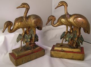 Antique Bronze - Clad Oriental Style Heron / Crane Bookends Signed Paul Herzel photo